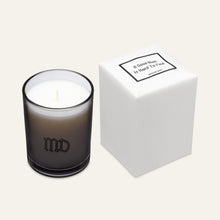 Load image into Gallery viewer, Minimalist candle with smoke grey jar and white wrapped box package

