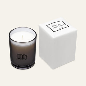 Minimalist candle with smoke grey jar and white wrapped box package